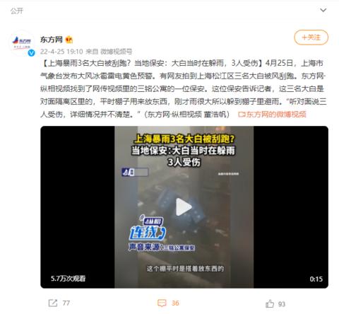 上海暴雨3名大白被刮跑？當(dāng)?shù)乇０玻捍蟀桩?dāng)時(shí)在躲雨，3人受傷